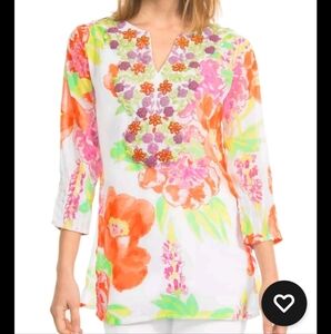 Gretchen Scott Designs Orange Pink Embellished 3/4 Sleeve Tunic